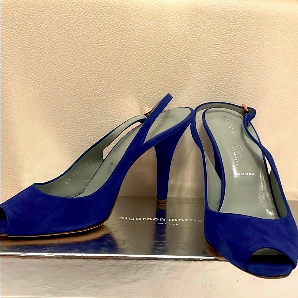 New Sigerson Morrison Blue Suede Stiletto Peep-Toe Heels 7.5